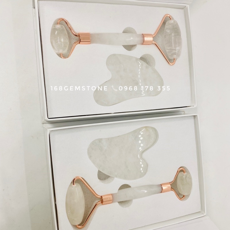 Cây Lăn Massage Mặt Và Đá Guasha Nâng Cơ Mặt Trẻ Hoá Làn Da Set Màu Trắng Hồng, Hộp Kèm Cao Cấp