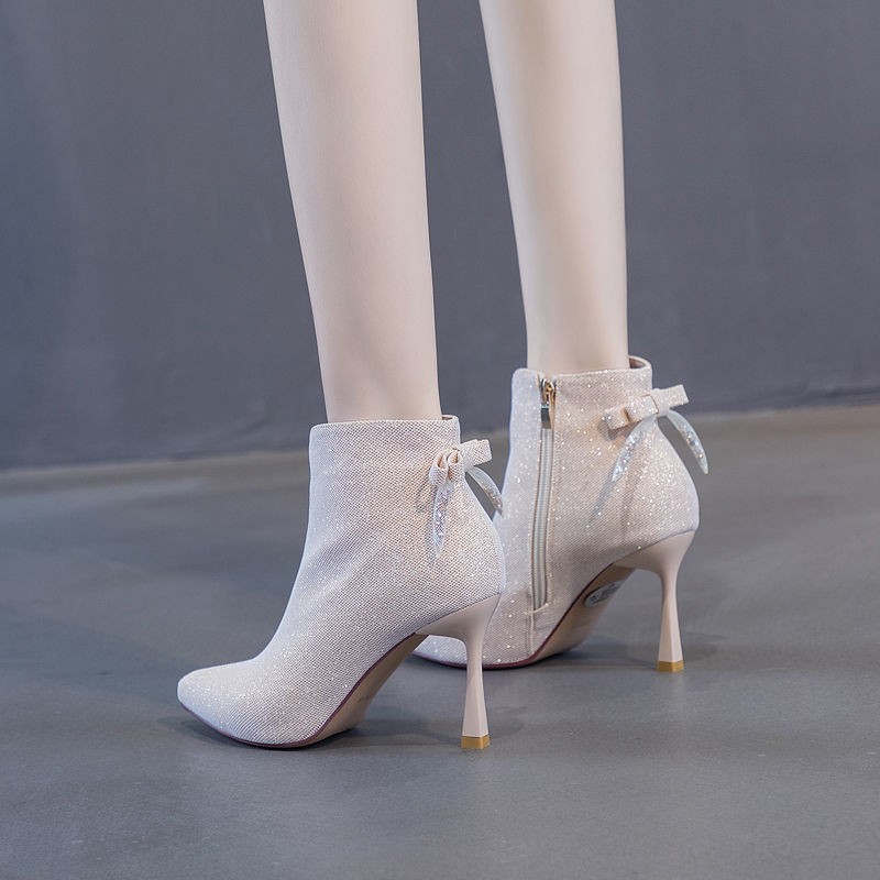 ◕2020 autumn and winter new bow beige short boots female stiletto pointed high-heel Martin wild ankle nude