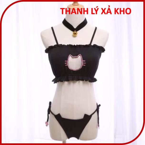 Bộ đồ ngủ cosplay full phụ kiện set miêu nữ sexy, bikini mèo đen gợi cảm, nóng bỏng, lolita chip