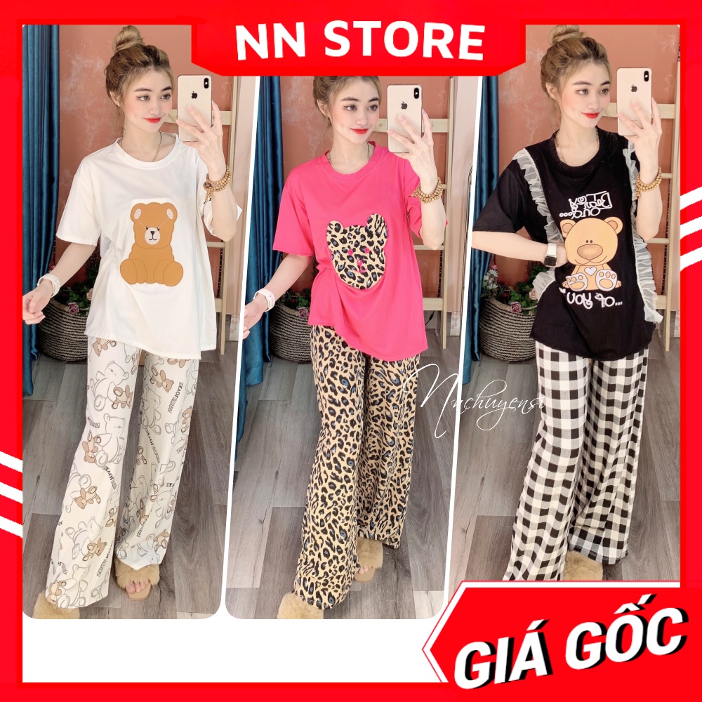 Đồ bộ thun dài ỐNG LOE quần sọc cho nữ mặc nhà in hình gấu chữ hoạt hình dễ thương chất thun mềm co giãn TP114