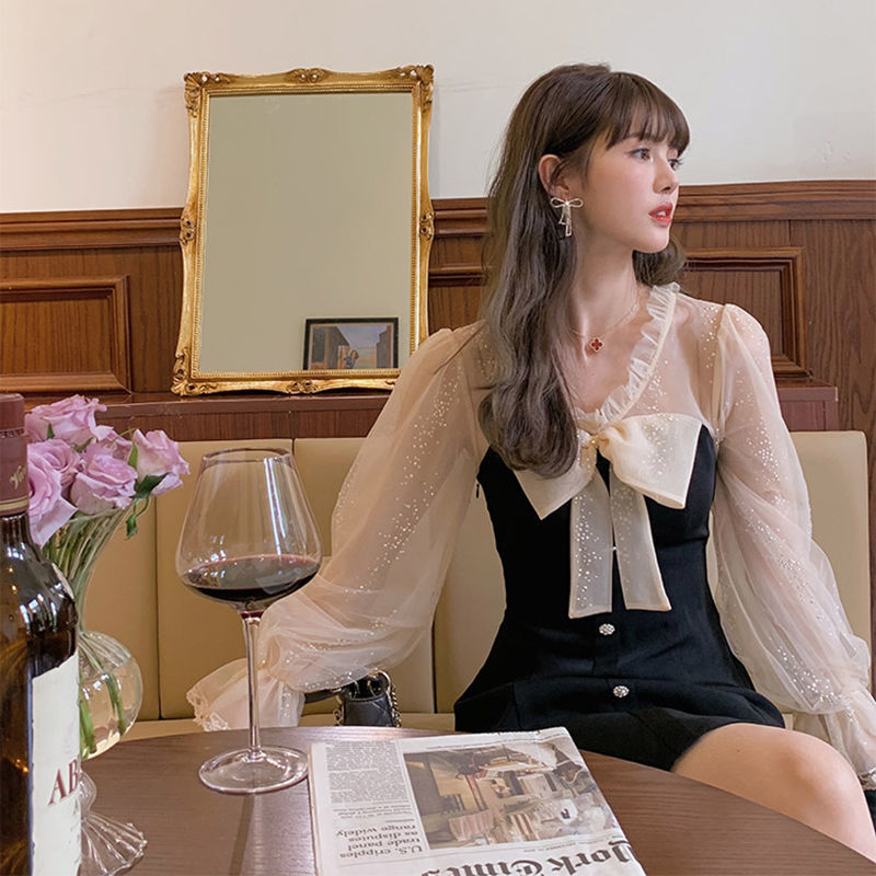 Đầm tay dài phối lưới đính kim sa lấp lánh cho nữ size S-XL