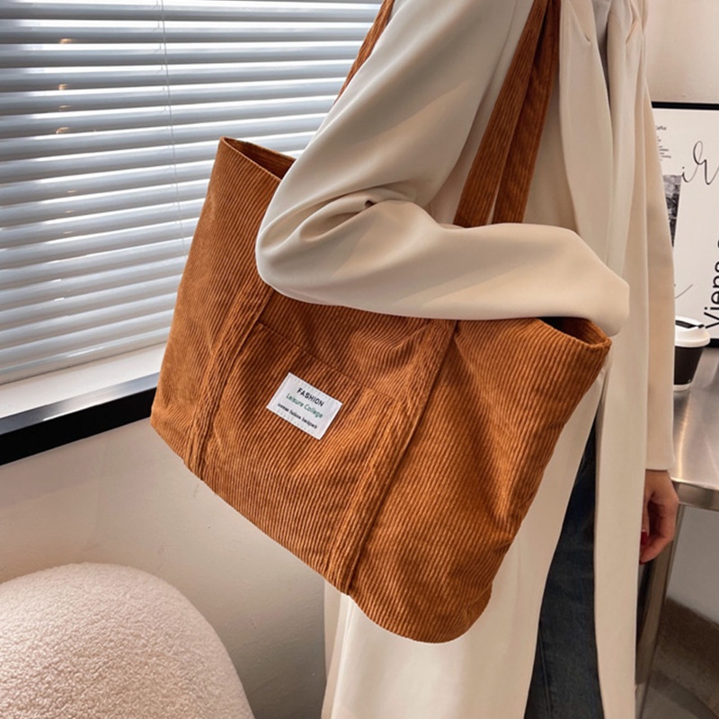 Túi Xách Tote Vải Nhung Kẻ Vintage Dung Tích Lớn Màu Trơn Thời Trang Cho Nữ