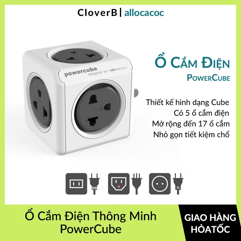 Ổ Cắm Điện Thông Minh Đa Năng Allocacoc PowerCube Original, Chống Giật, Chống Cháy, 5 Ổ Cắm, Điện áp 100-250V~ Max 10A