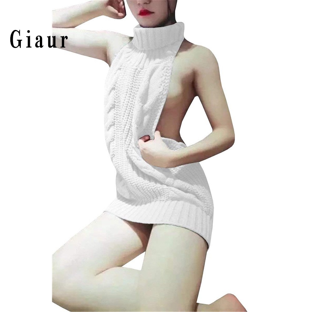 Promotion Women Sexy Backless Sleeveless Turtleneck Pullover Knit Sweater Cosplay Dress | BigBuy360 - bigbuy360.vn