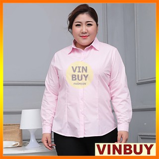 Áo sơ mi Bigsize nữ tay dài, màu hồng phấn, trẻ trung, form công sở đến 100kg, vải dày dặn