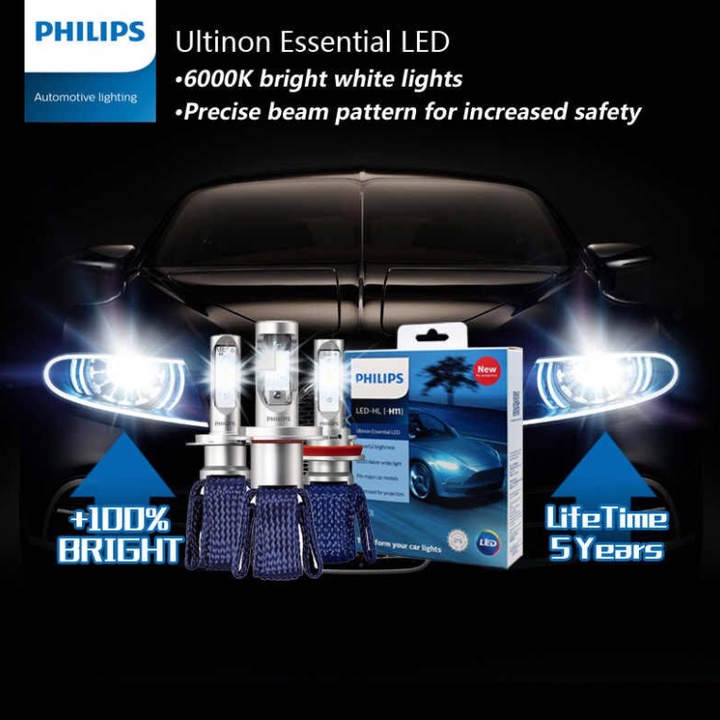 Bộ 2 bóng đèn Led pha ô tô công suất 16W, 12V, 6000K,Philips H7, chủng loại và màu sắc 11972UEX2, Ultinon Essential LED