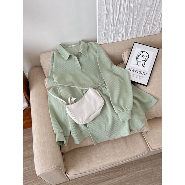 Set polo nỉ tổ ong áo dài tay- quần short form rộng