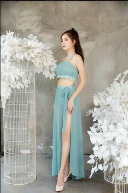 (free chỉnh sửa váy) Sét maxi bikini 3 món áo yếm + váy xẻ tà + quần váy