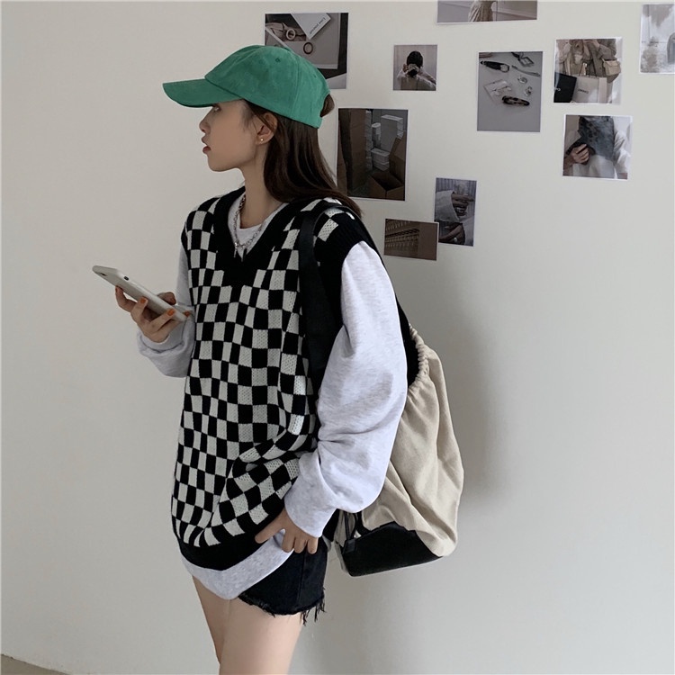 Áo dệt kim không tay cổ chữ V dáng rộng họa tiết sọc caro thời trang dành cho nữ