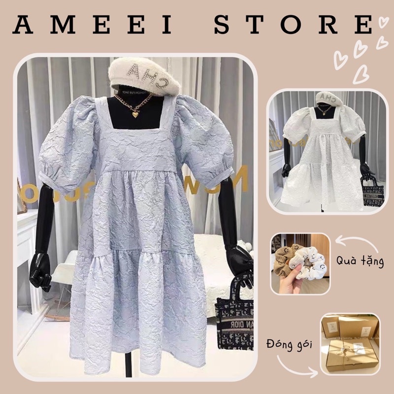 Váy đầm babydoll cổ vuông xanh trắng, dáng xoè tay phồng siêu xinh bầu bon chen  phong cách hàn quốc