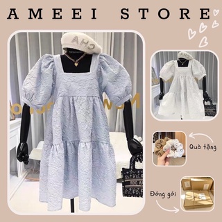 Váy đầm babydoll cổ vuông xanh trắng, dáng xoè tay phồng siêu xinh bầu bon chen  phong cách hàn quốc