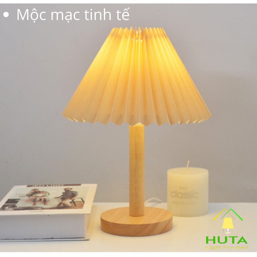 Đèn Ngủ Gỗ Vintage Điều Chỉnh Độ Sáng, Led Ánh Sáng Vàng, Chao Xếp Ly, Dùng Để Bàn Làm Việc, Phòng Ngủ, Decor - HUTA G5