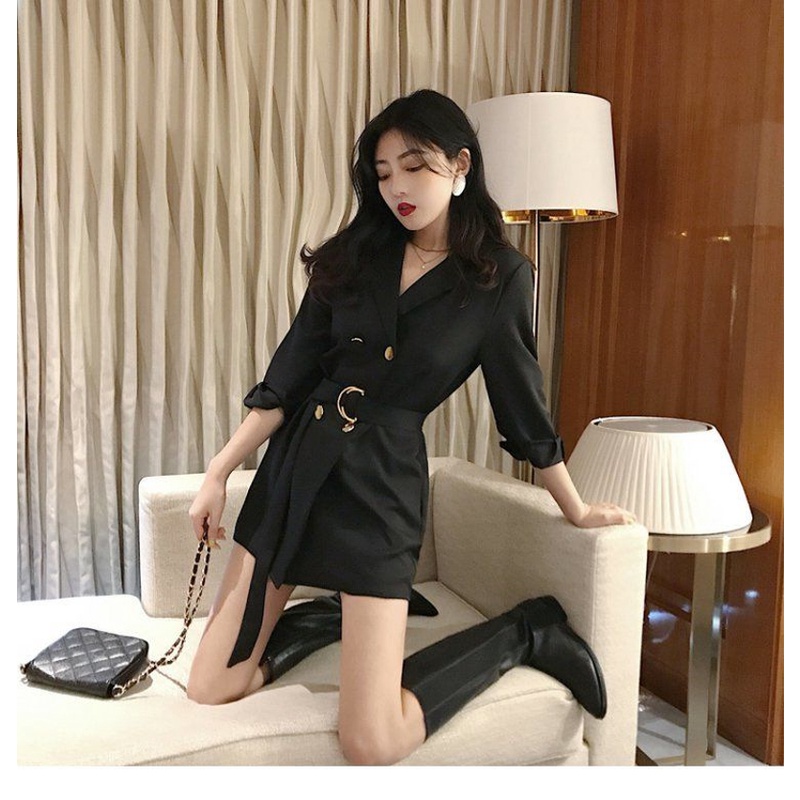 IELGY   Áo Khoác blazer Dáng Rộng Hai Hàng Nút Buộc Eo Thời Trang Cho Bạn Gái