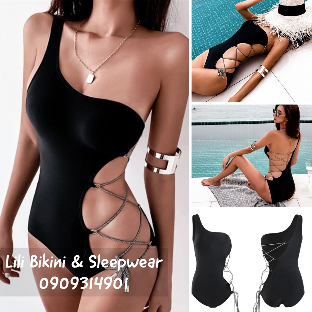 (Mẫu mới 2021) Bikini một mảnh liền thân chéo vai sexy đan dây eo lạ mắt kiểu dáng Hàn Quốc