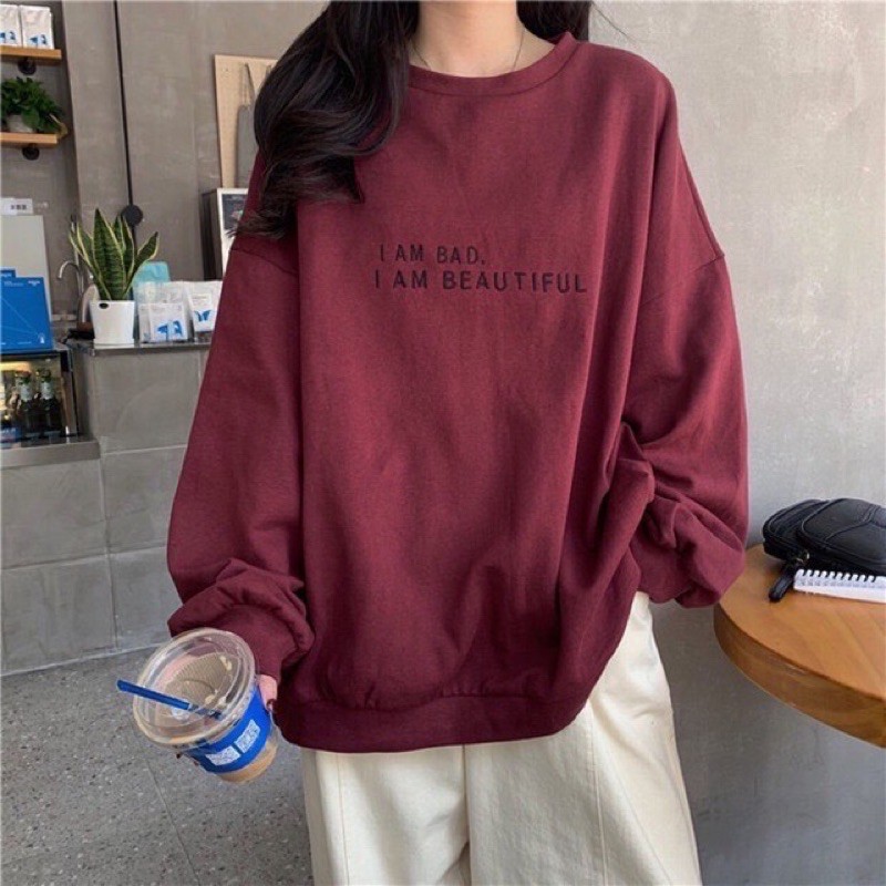 Áo sweater dài tay phong cách ulzzang 2 màu đen, đỏ đô