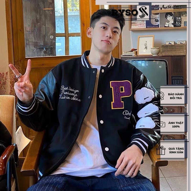 Áo khoác bomber unisex mặc cặp nam nữ chất kaki phối da kiểu dáng áo khoác bóng chày siêu năng động