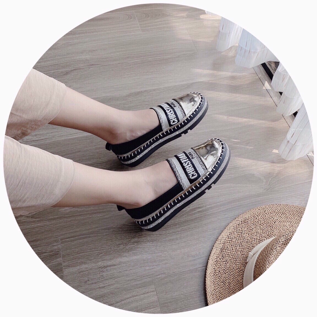 Giày lười nữ đế cao viền nạm đá da bóng sang chảnh