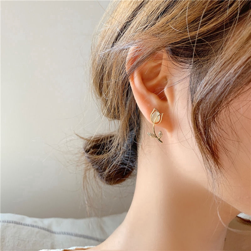 Khuyên tai kim bạc 925 hình hoa đính đá Opal và kim cương phong cách Hàn Quốc đơn giản C334