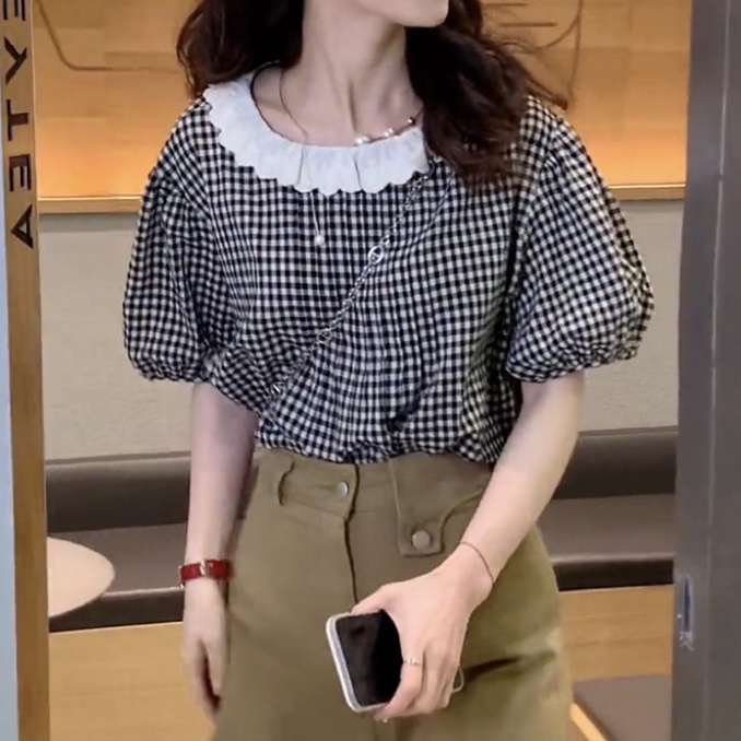 SUXI Áo Sơ Mi Caro Cổ Tròn Dáng Rộng Phong Cách Hàn Quốc Thời Trang Mùa Hè Cho Nữ