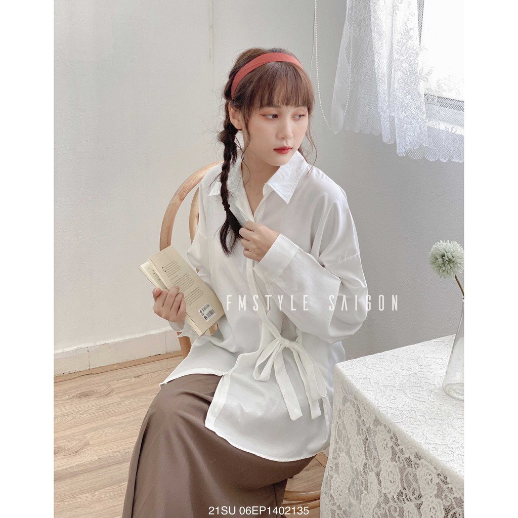 Áo sơ mi tay dài vạt bầu buộc nơ bên ulzzang thời trang Fmstyle Saigon 21SU06EP1402-21SU10HT2801