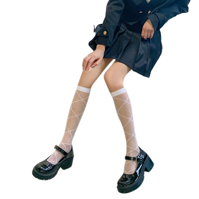 Xiangbao Vớ Cao Đến Đầu Gối Lụa Trong Suốt In Họa Tiết Hình Thoi Phong Cách Lolita Nhật Bản Ngọt Ngào Mùa Hè