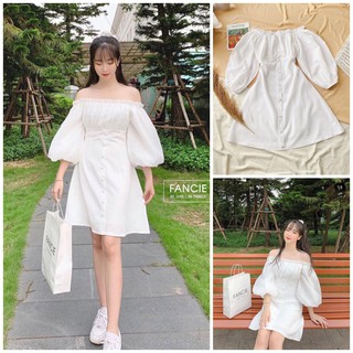 Váy trễ vai tay bồng dúm ngực vintage, Váy trắng hở vai tay lỡ nút bọc dự tiệc - Roxie