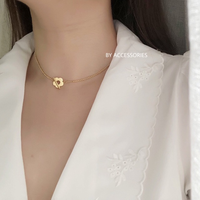 Choker titan nữ chuỗi bi tròn phối mặt bông hoa xinh xắn ko gỉ