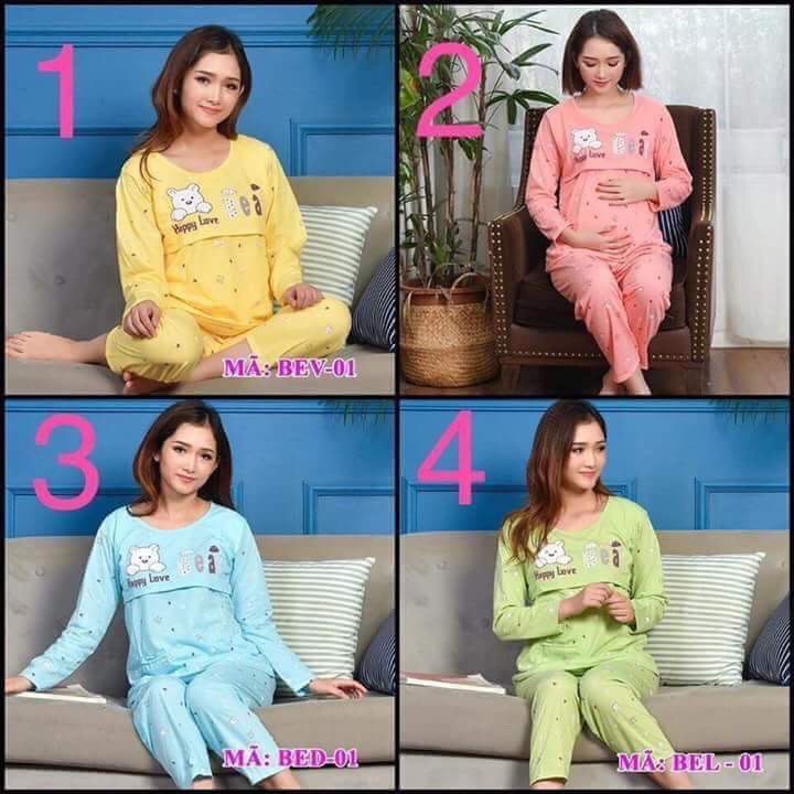 Đồ bộ bầu và sau sinh dài Tay BIG SIZE GẤU vén ngực mặc nhà và cho con bú chất coton đẹp
