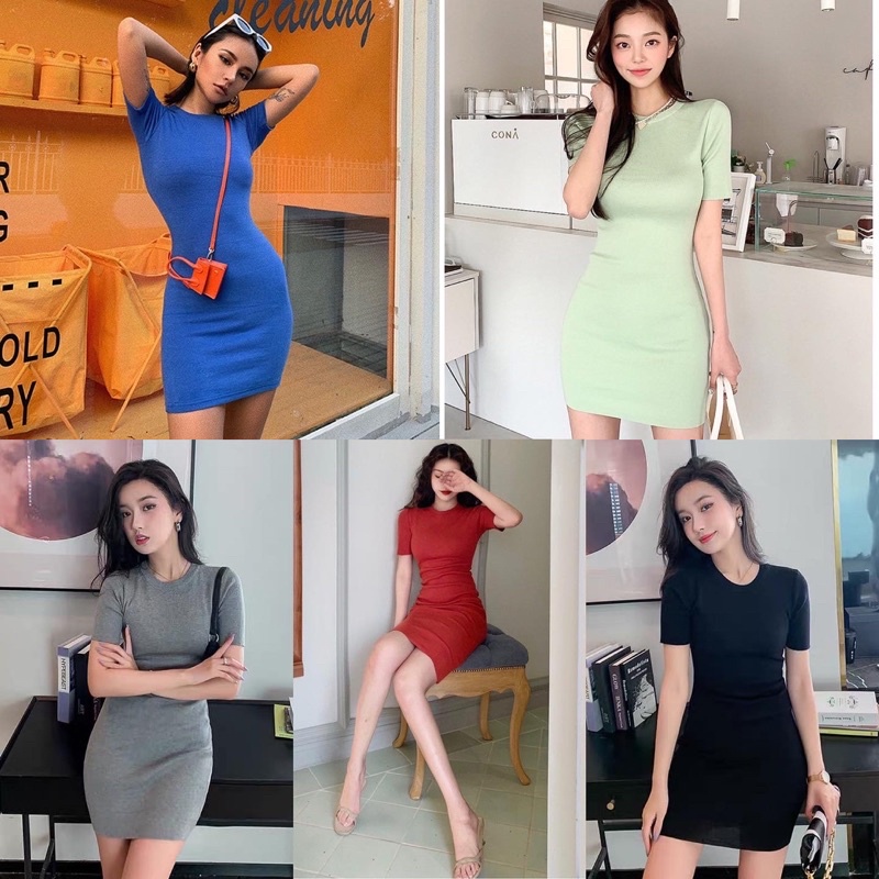 Váy body ngắn tay nhiều màu chất thun gân mịn
