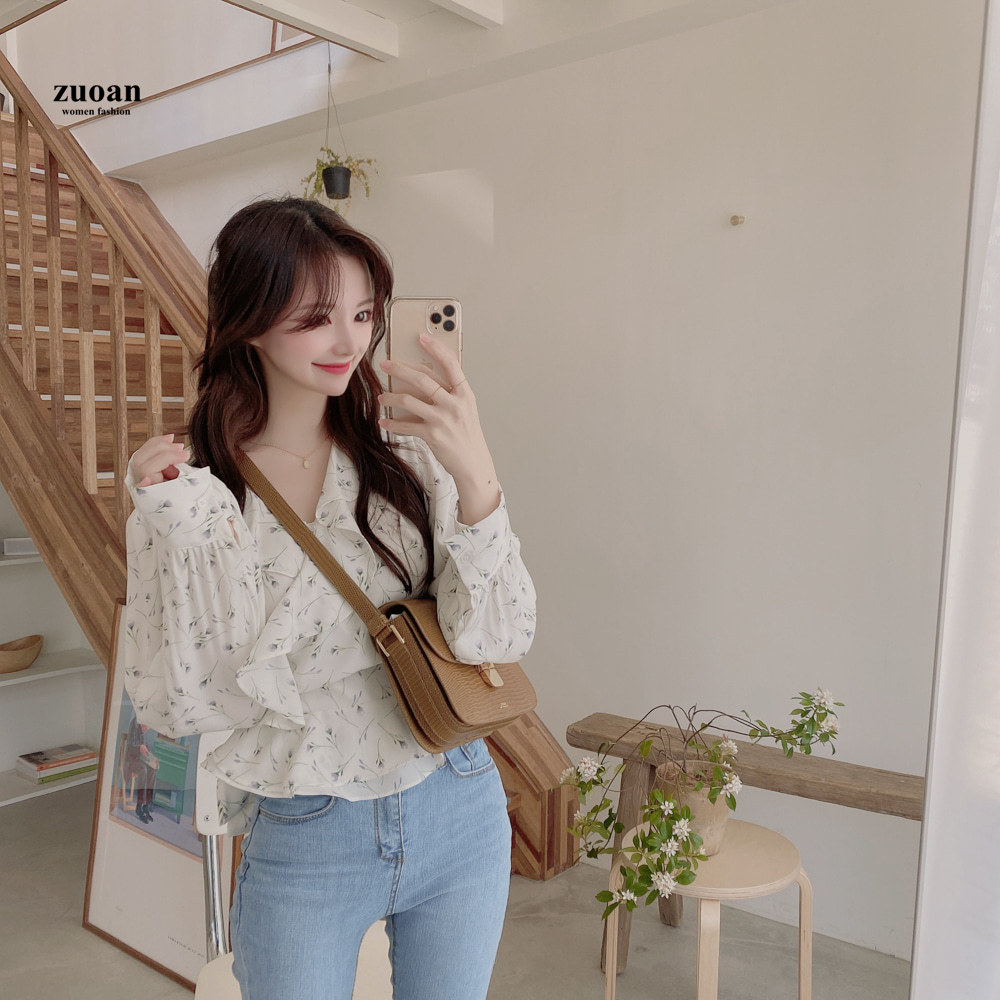 SUXI Áo kiểu dài tay chất liệu chiffon họa tiết dễ thương cho nữ