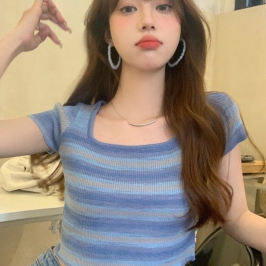 Áo thun ZHELIHANGFEI dệt kim ngắn tay họa tiết kẻ sọc phong cách quyến rũ