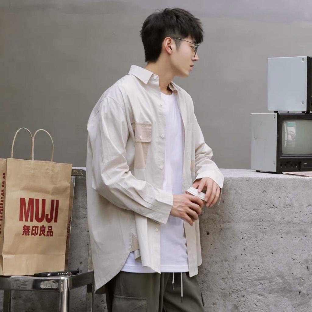 Áo sơ mi nam form rộng dài tay Boiz áo sơ mi nam unisex kaki túi phối 2 màu