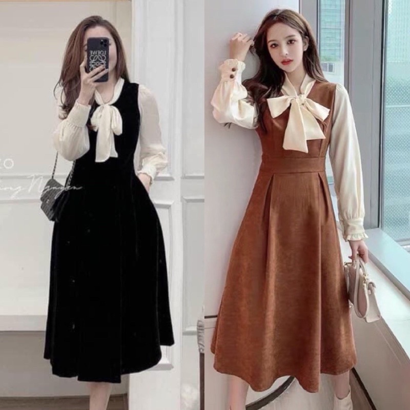 Váy công sở dạ nhung phối tay voan dáng dài xinh xắn hai màu đen nâu - Đầm dự tiệc sang chảnh kèm nơ
