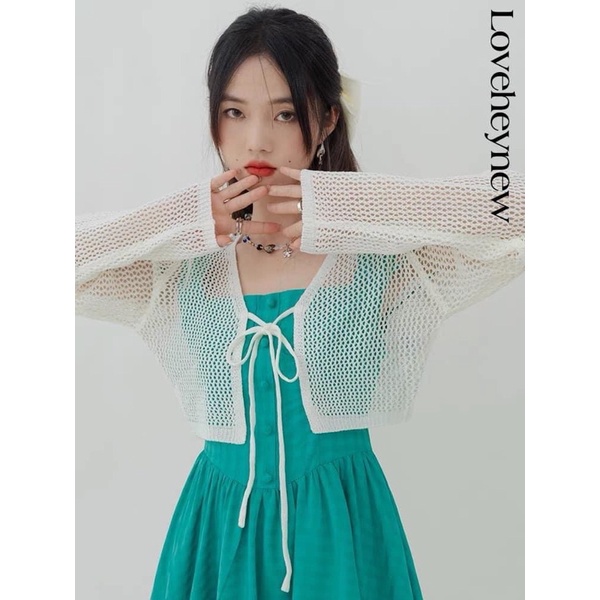 Áo cardigan mỏng mắt lưới dáng croptop có dây buộc