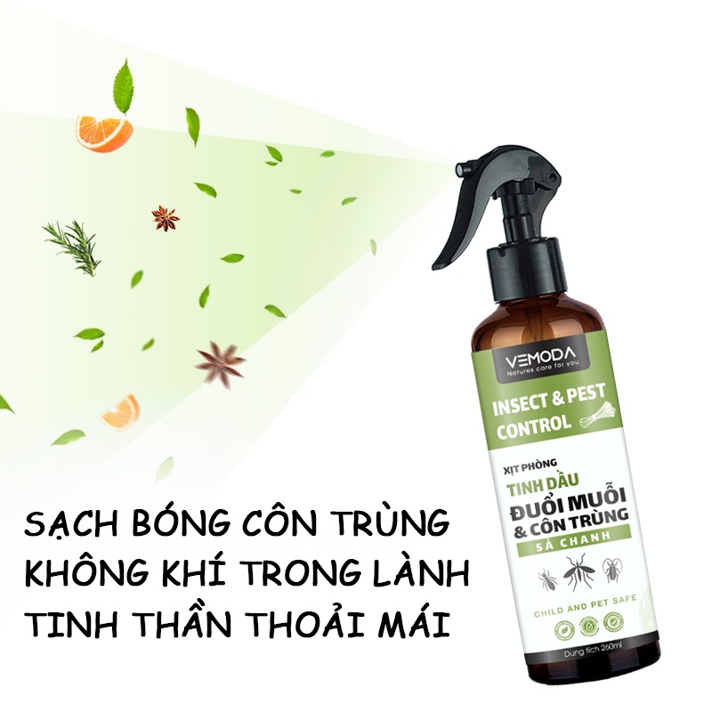 Xịt phòng tinh dầu Sả chanh, Bạc hà, Quế, Bạch đàn chanh Vemoda  260ml - khử khuẩn, thơm phòng, đuổi muỗi hiệu quả