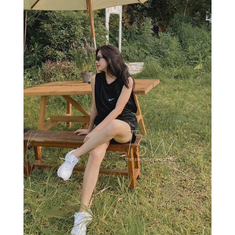 Set áo tanktop quần short đùi nam nữ in logo NI.KE 🌸Bộ cộc tay from rộng ulzzang trơn basic🌸 Set thun unisex dạo phố