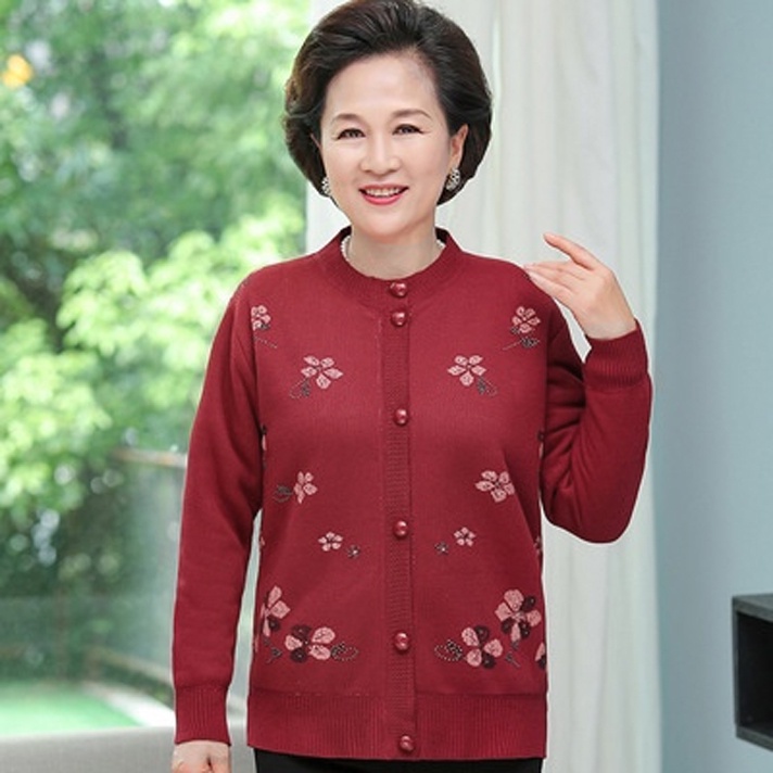 Áo len cadigan lót lông trung niên cho bà, Áo khoác lót lông cardigan Shop Haul - AL-OLD1