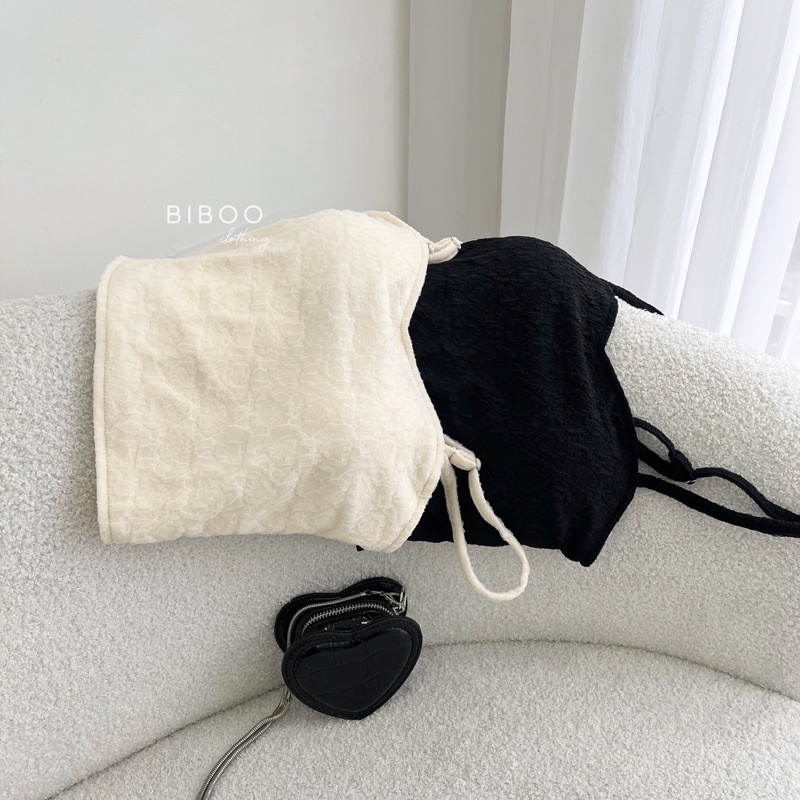 BIBOO - Áo hai dây croptop có mút ngực, phía sau nhún lưng chất liệu voan hoa nổi IVY TOP