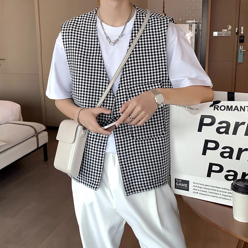 Áo gile unisex chất dạ tweed họa tiết houndstooth túi hộp