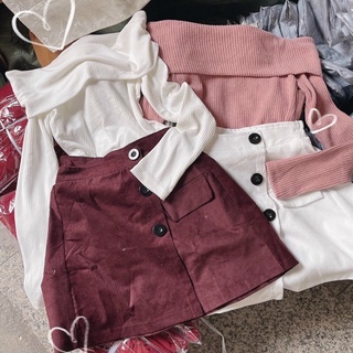 Set áo trễ vai + chân váy nút