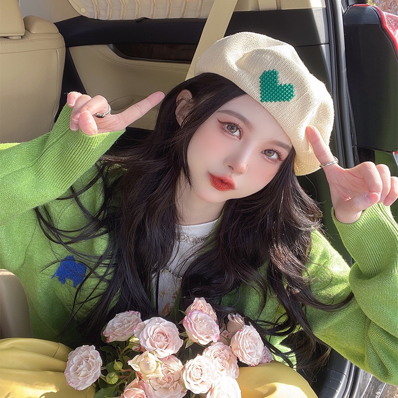 Mũ Beret Vải Cotton Lanh Thêu Hình Trái Tim Thời Trang Xuân Hè Phong Cách Hàn Quốc Cho Nữ