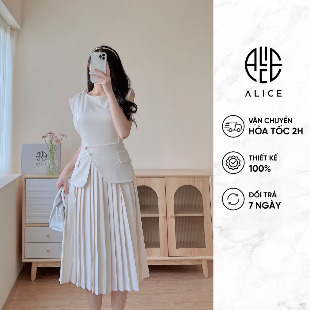 Váy Công Sở Cổ Thuyền Phối Dập Ly Tay Chờm Vai ALICE Dáng Xòe Chất Vải Kaki Hàn Cao Cấp Dày Dặn, Lớp Lót Lụa Mềm V859