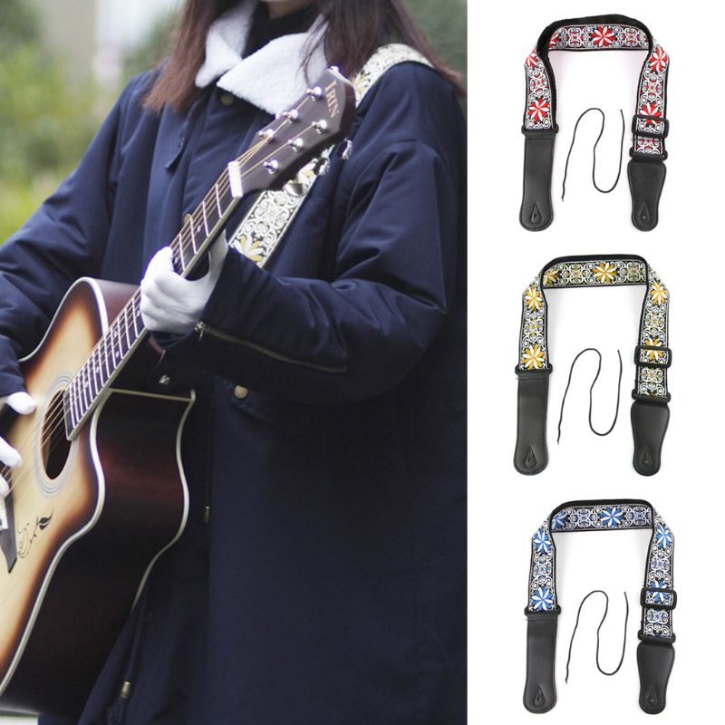 Dây Đeo Đàn Guitar Điện Acoustic Đan Bằng Vải Thêu Họa Tiết Hoa Cổ Điển