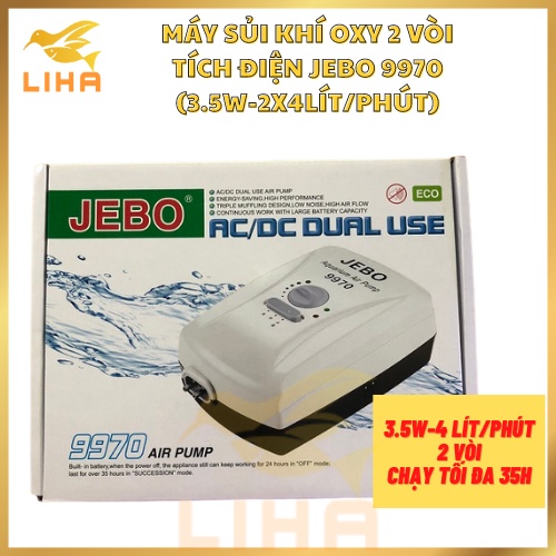 Máy Sủi Khí Oxy 2 Vòi Tích Điện Jebo 9970 (3.5W-2x4Lít/Phút) Cho Hồ Cá - Dự Trữ Điện Năng Phòng Cúp Điện