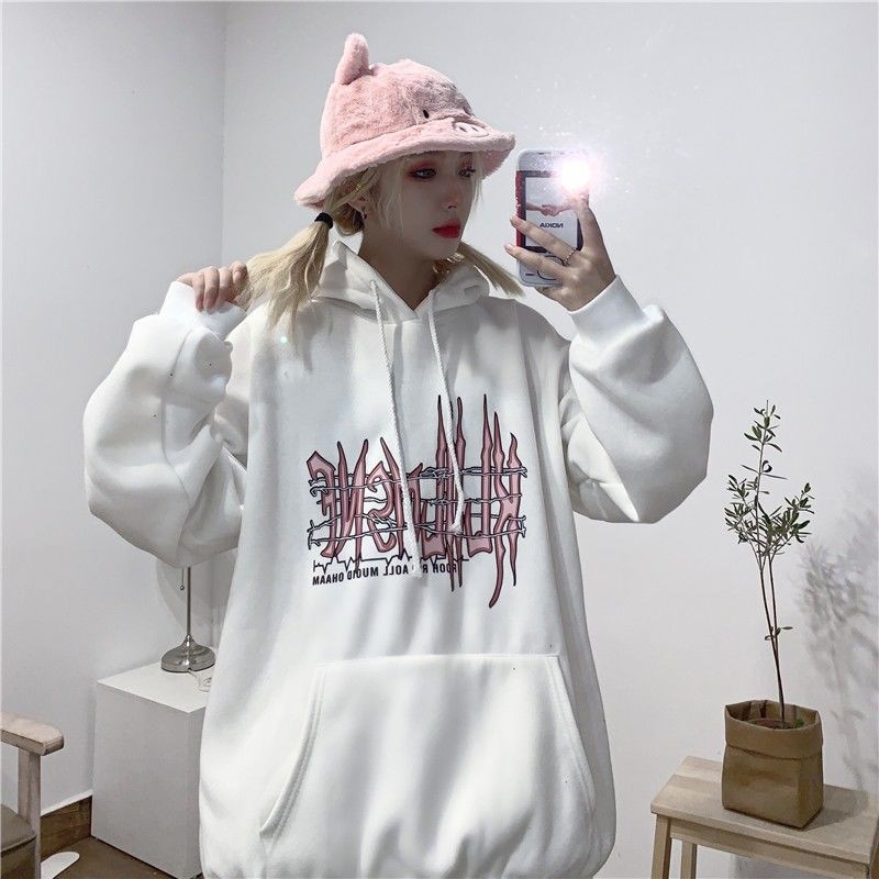 Áo Hoodie Nhung Dày Dáng Rộng In Họa Tiết Phong Cách Harajuku 2020 Cho Nữ