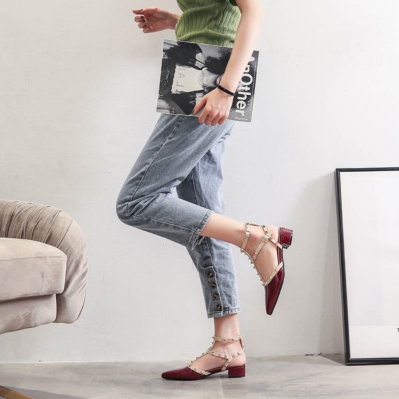 Giày Cao Gót Mũi Nhọn Bằng Da Bóng Đính Đinh Tán Thời Trang Mới Cho Nữ size 34-42