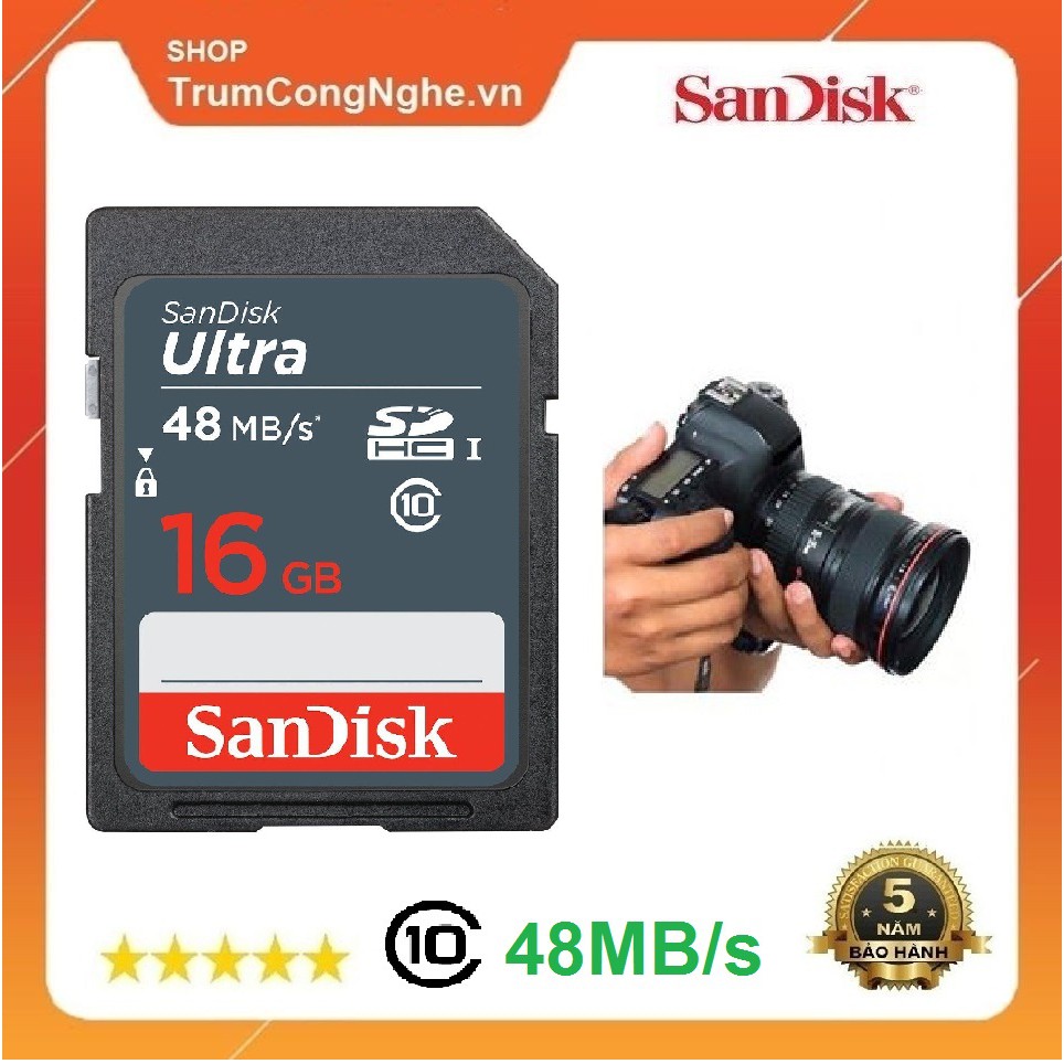 (Chính Hãng) Thẻ nhớ Máy Ảnh SD Sandisk Ultra 320x 16GB Class 10 UHS-I 48MB/s (Xám)