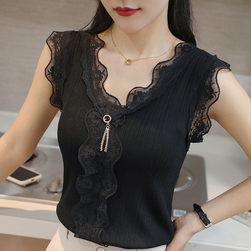 Áo Hai Dây Dệt Kim Mỏng Cổ Chữ V Phối Ren Hở Lưng Thời Trang Mùa Hè Cho Nữ