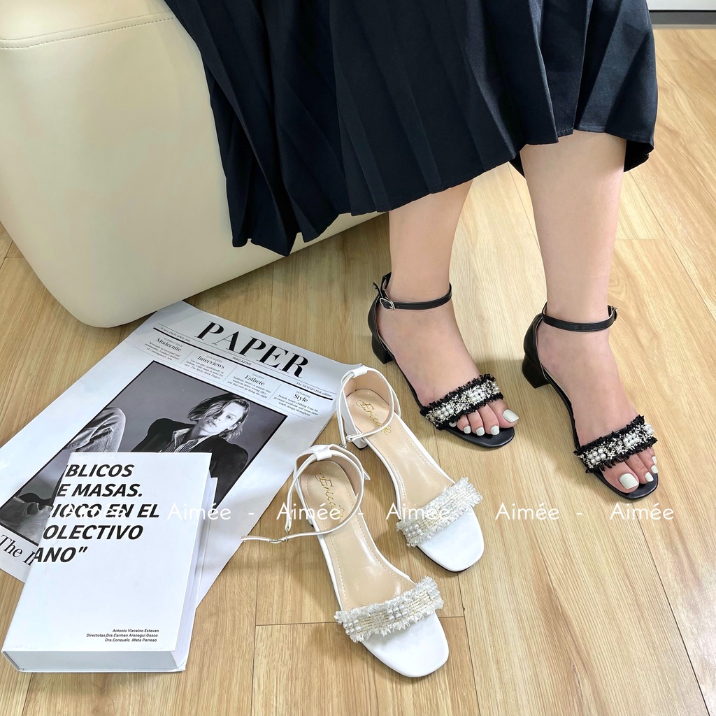 Dép Sandal Bản Ngang Gót Cao 3 Phân Quai Da Phối Ren Đính Hạt Ngọc Bít Gót Lên Dáng Điệu Đà Quyến Rũ