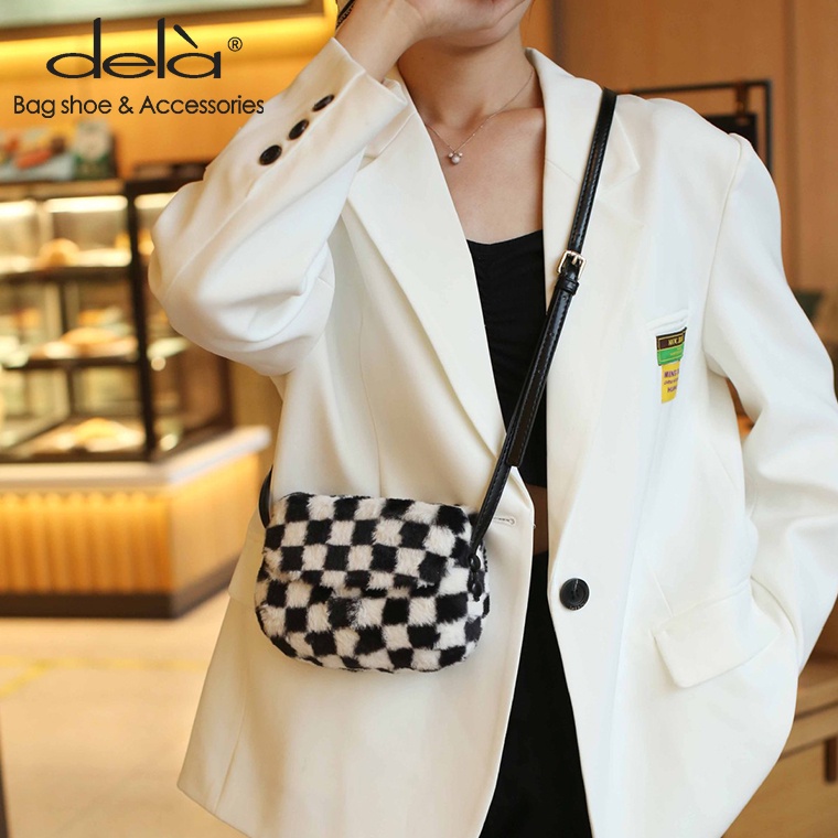 Dela Túi Đeo Chéo Một Bên Vai Bằng Len Nhỏ Nhắn Họa Tiết Kẻ Sọc Đen Trắng Thời Trang Thu Đông Đơn Giản Dành Cho Bạn Nữ